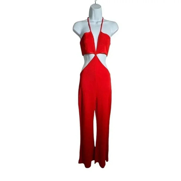 Balmain red knit cut out jumpsuit size 38  Flared Halter Runway 2015 US size 6 - Picture 4 of 16